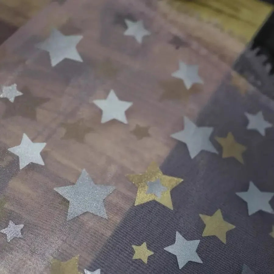 Tela de algodón con estampado de estrellas en relieve dorado y plateado para vestidos, desfiles de moda, faldas mullidas, disfraces, material de costura hecho a mano.
