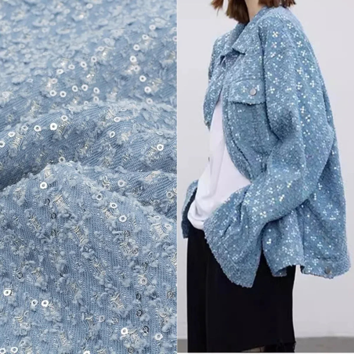 Sequined Embroidered Washed Denim Fabric - Thick Material 137cm