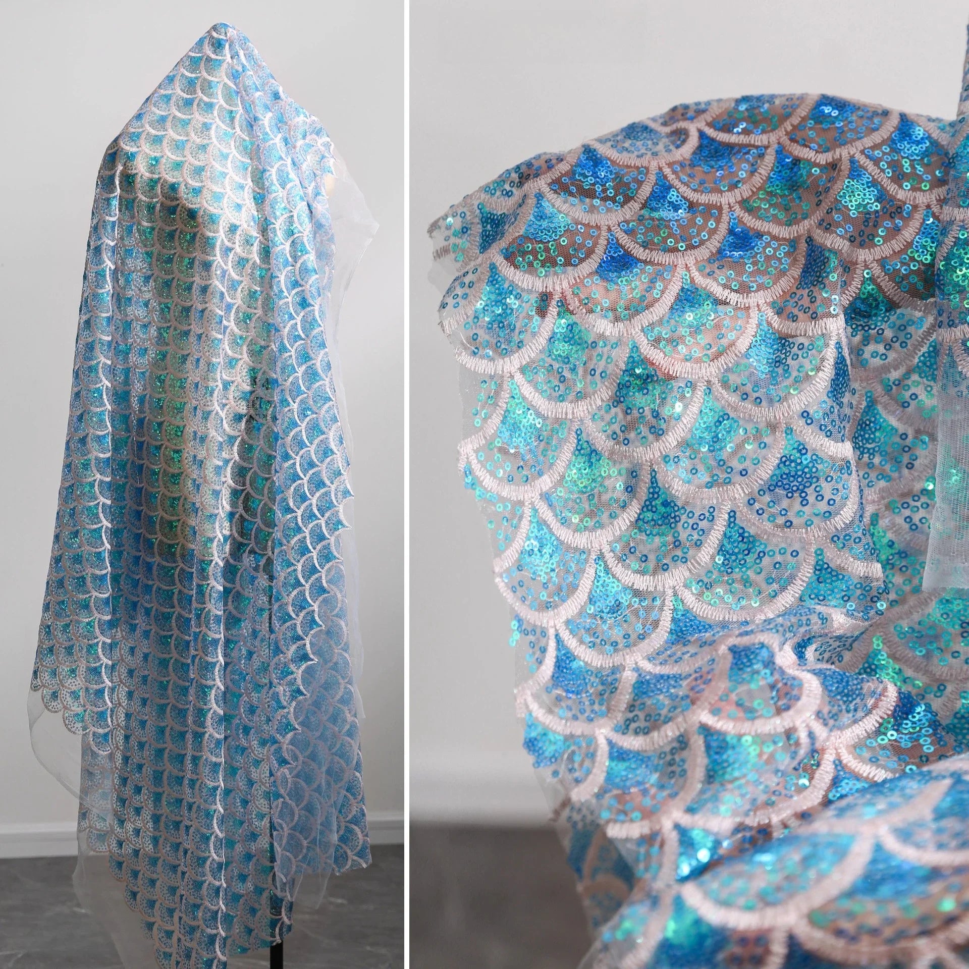 Sparkling Ocean Fish Scale Gradient Laser Embroidery Mesh Fabric DIY Skirt Performance Costume Design Sewing Fabric