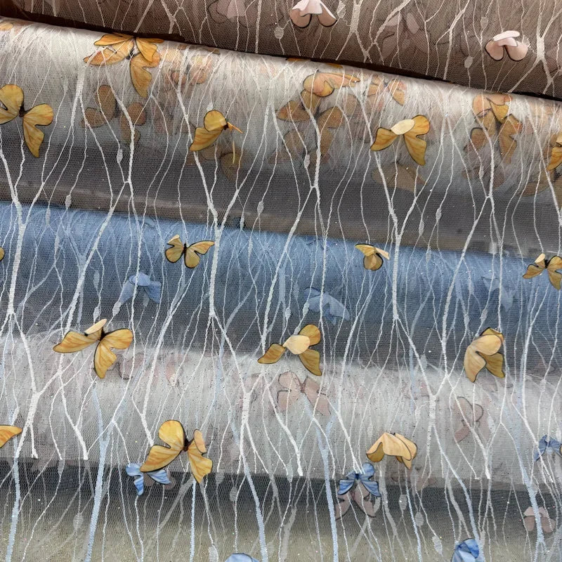 Tela de malla bordada con encaje de mariposa 3D, tela transparente colorida para vestido de novia, velo, decoración de escenario