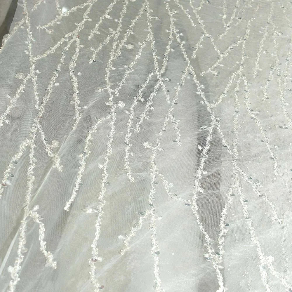 Silver Sequin Beaded Tulle Fabric Sparkle Embroidery Mesh For Evening Dress Bridal Veil Party Decor Luxury Textile Material