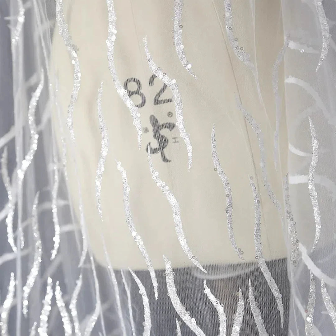 Shining Foil Stamping Spray Wave Glitter Powder Mesh Embroidery Lace Fabric Wedding Dress Handmade Decorative Fabric Material