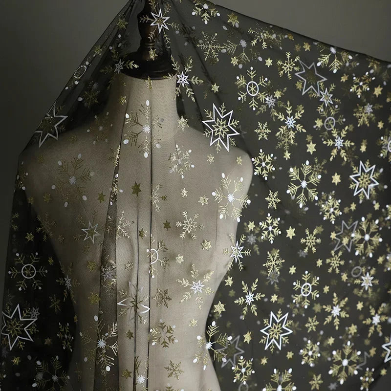 Gold Powder Mesh Snowflake Pattern - Princess Dress Children's Cape DIY Sewing Fabric