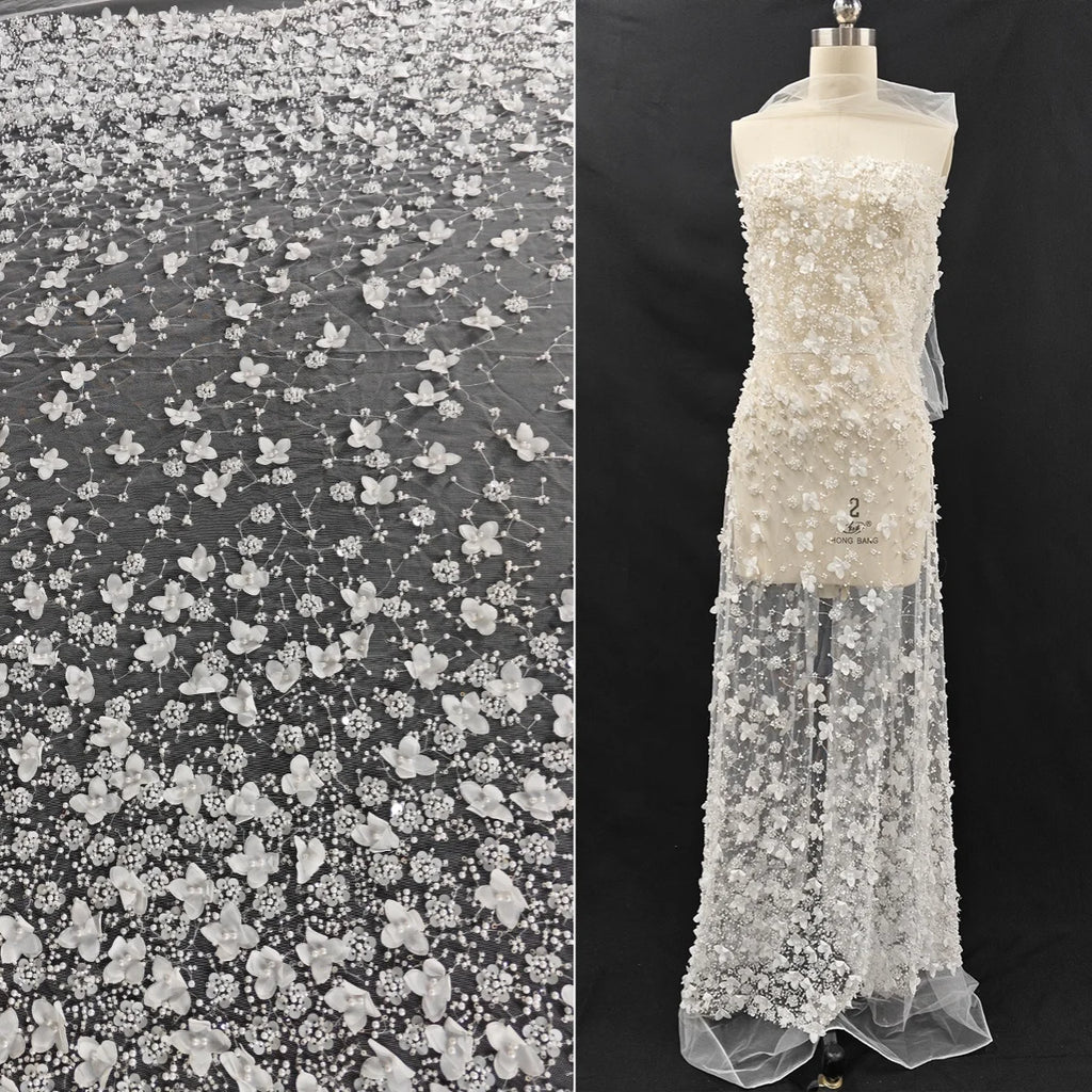 زهور مطرزة بالترتر وبتلات من الخرز وأقمشة مخيطة وفساتين زفاف عصرية وأقمشة يدوية الصنع