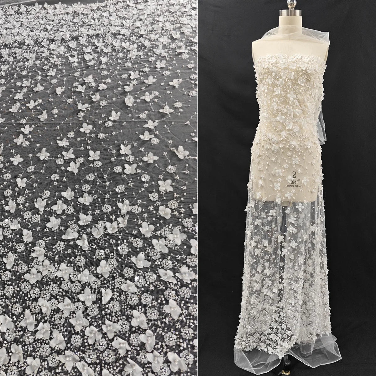 زهور مطرزة بالترتر وبتلات من الخرز وأقمشة مخيطة وفساتين زفاف عصرية وأقمشة يدوية الصنع