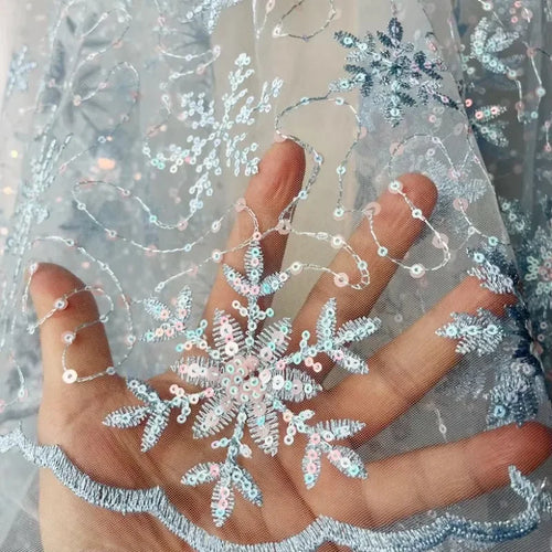 Blue Mesh Embroidery Snowflake Sequin Fabric - Children's Material 130cm - fabric photo 2