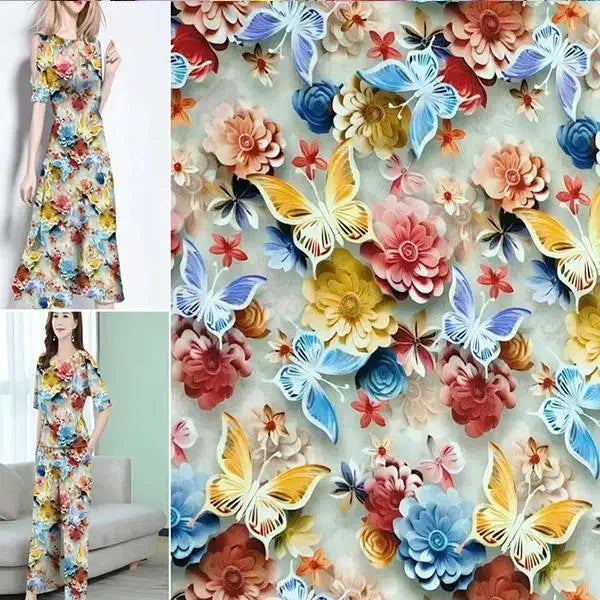 قماش حرير قطني ناعم - طباعة رقمية على شكل فراشة زهرية - 140 سم