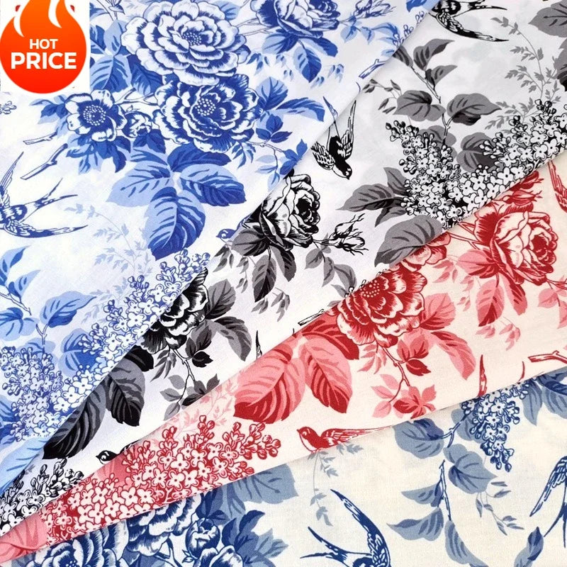 قميص بأكمام قصيرة من قماش قطني مطبوع عليه زهور الفاوانيا، أزرق وأبيض، بنمط غسيل حبر، مناسب للأمتعة والحقائب