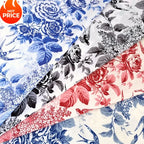 قميص بأكمام قصيرة من قماش قطني مطبوع عليه زهور الفاوانيا، أزرق وأبيض، بنمط غسيل حبر، مناسب للأمتعة والحقائب