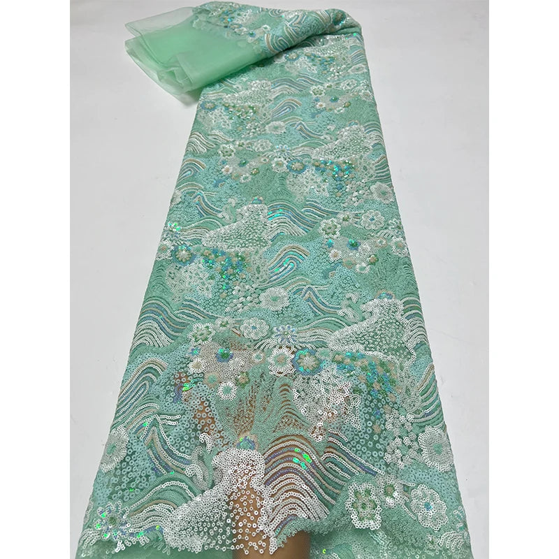 mesh fabric, retro color bead, landscape painting, flower pattern, sequin embroidery fabric, formal dress, qipao dress