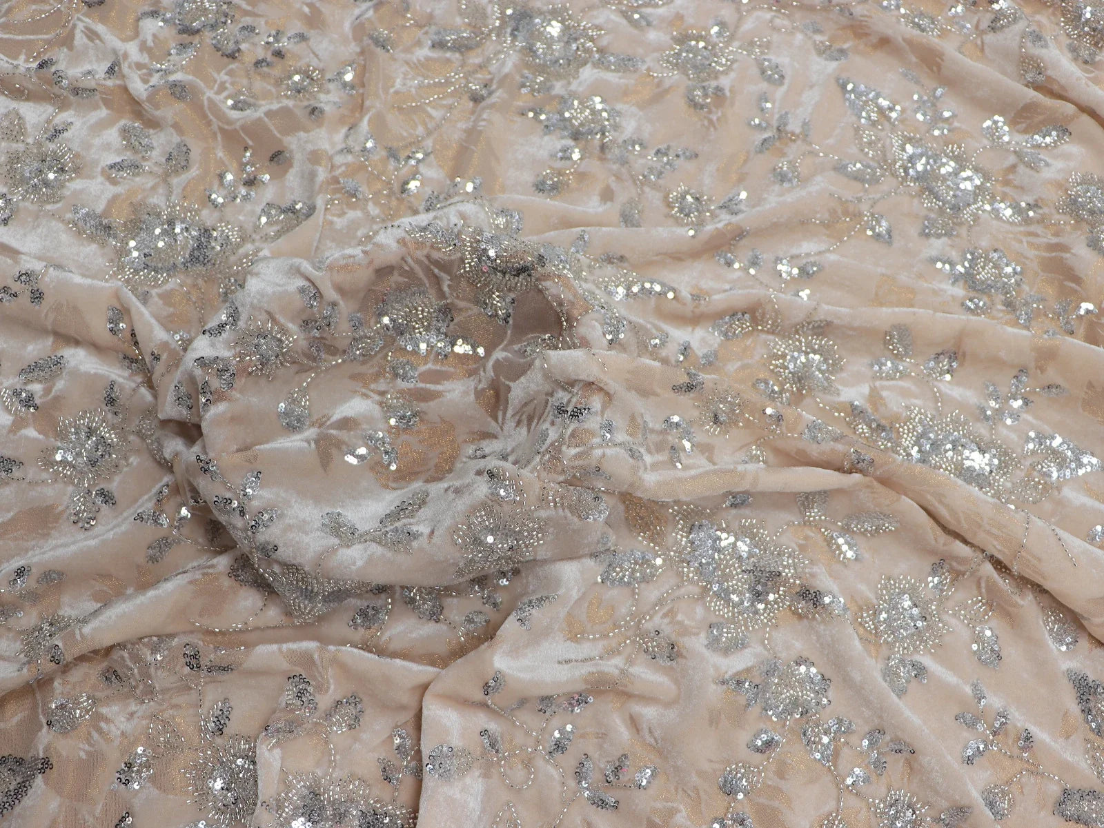 Beaded Embroidered Gold Velvet Sequin Fabric - Luxury Designer Material 140cm