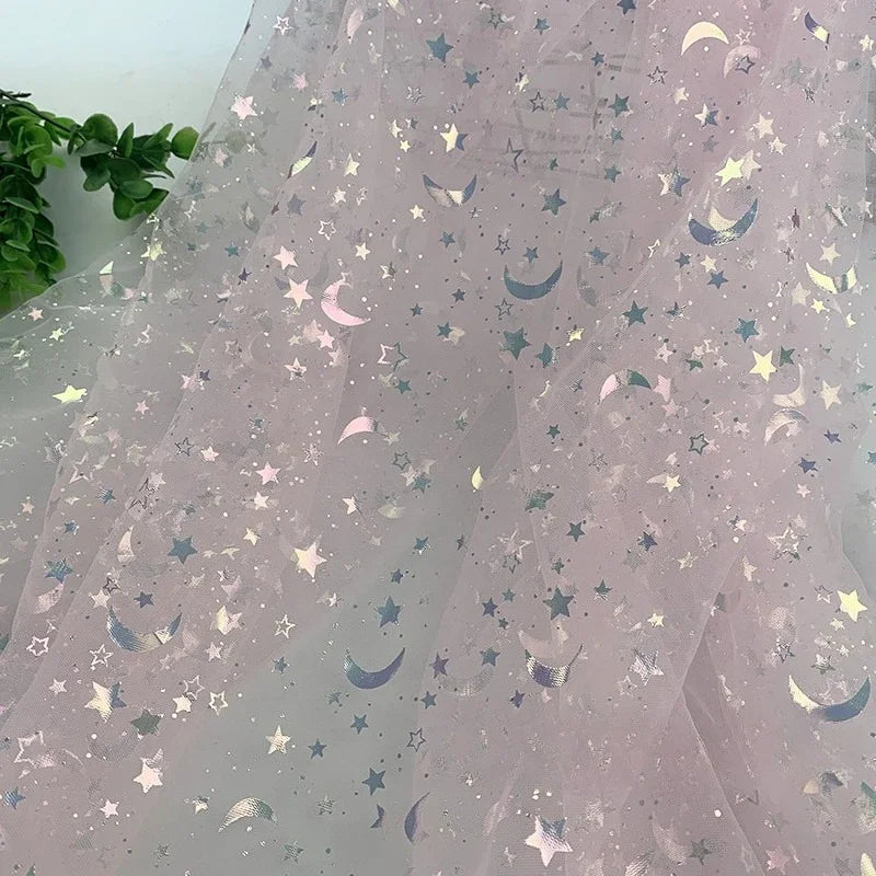Dreamy Mesh Fabric For Children In Princess Style With Colored Star And Moon Printed Pattern Suitable For Wedding Dress Designer