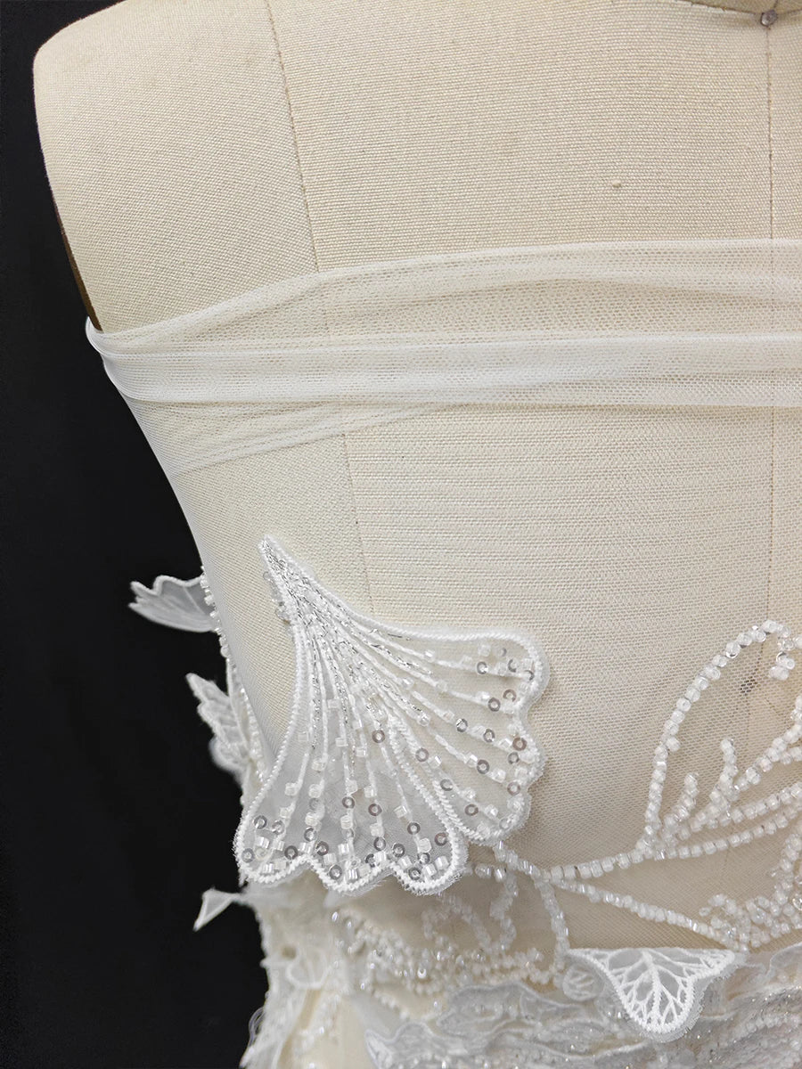 Bordado de cuentas de encaje con hilo floral 3D, color blanco crudo, hecho a mano, para vestido de novia, vestido de noche, tocado, accesorio, material