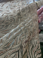 Champagne Colored Hot Pressed Gold Shiny Leaf Shaped Wedding Dress Fabric With Rhinestone Light Coffee Lace Mesh