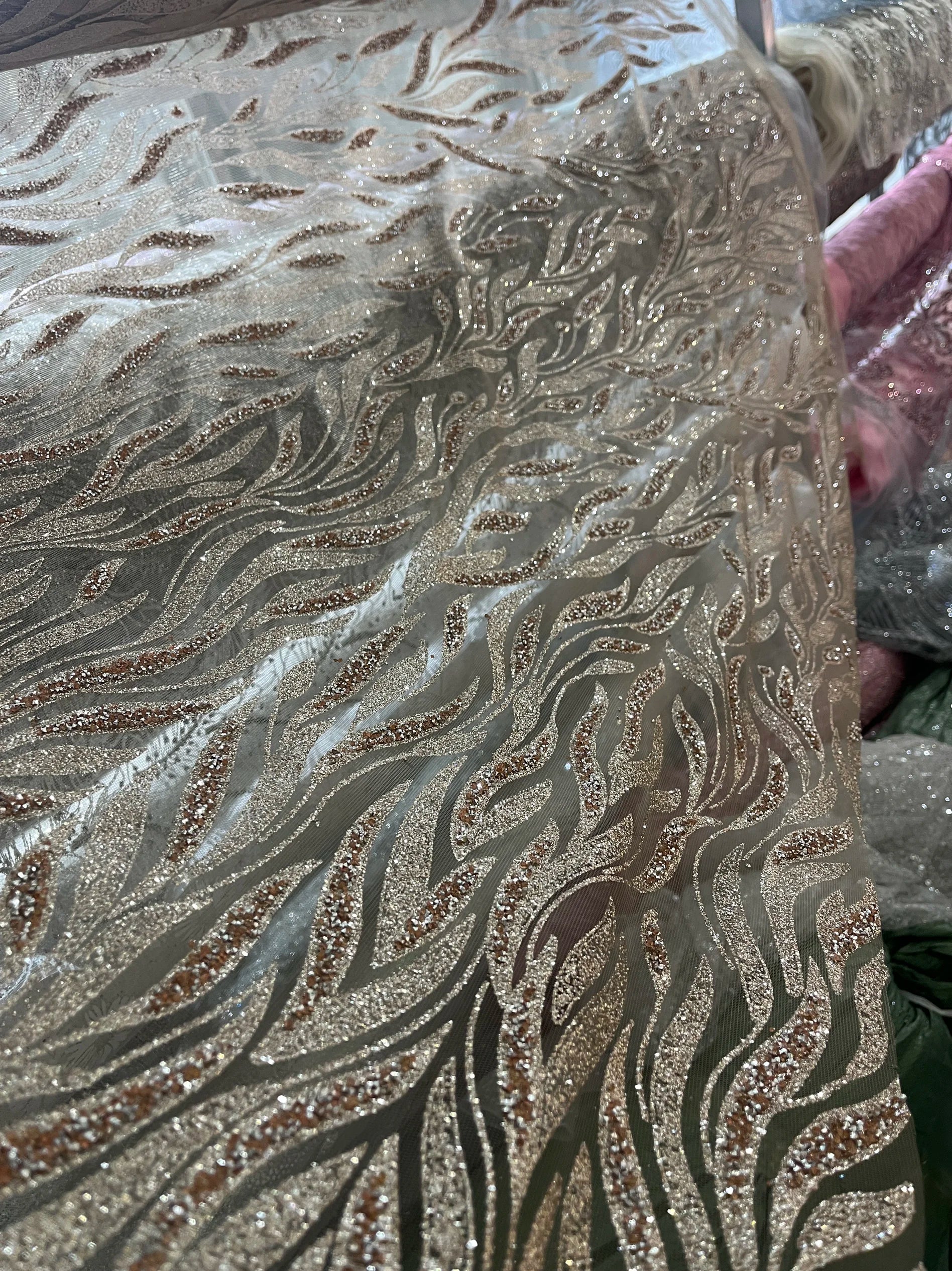 Champagne Colored Hot Pressed Gold Shiny Leaf Shaped Wedding Dress Fabric With Rhinestone Light Coffee Lace Mesh