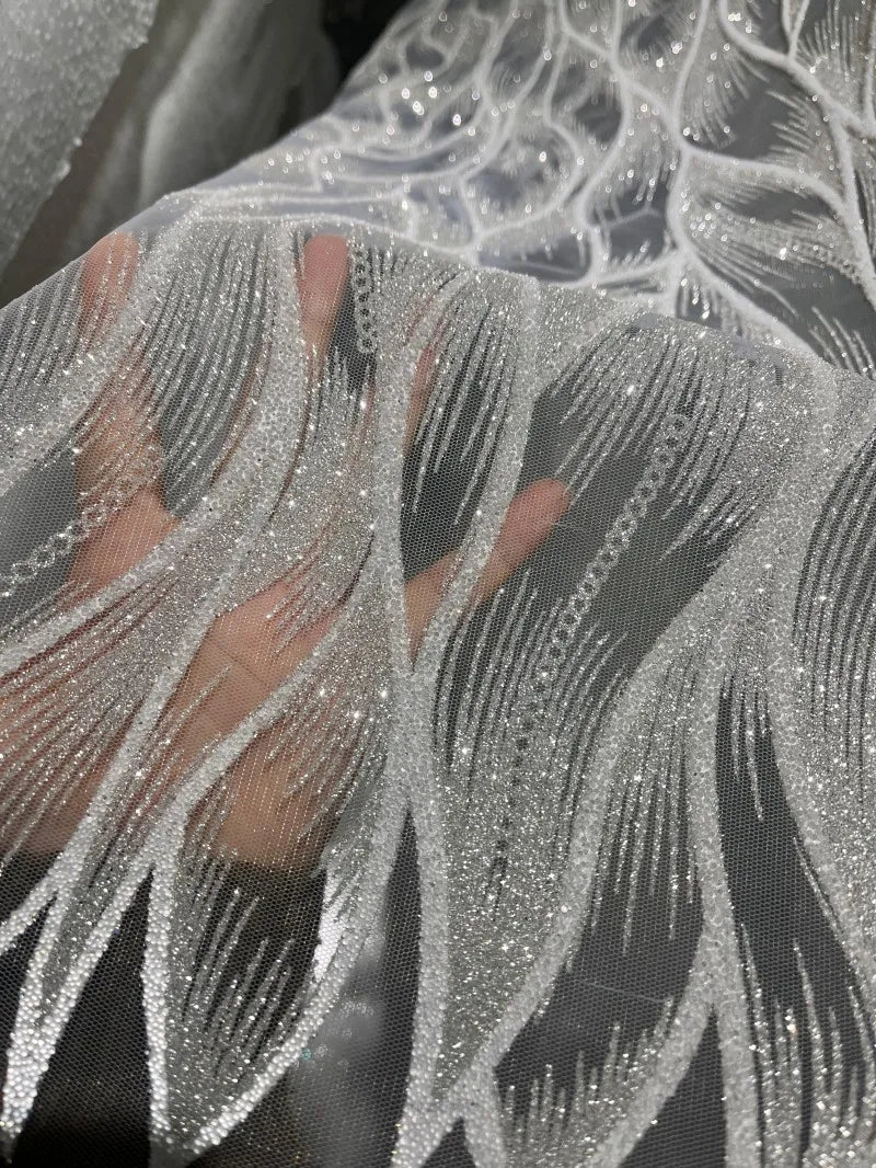 Tela de encaje de malla brillante de lujo con tul bordado de ondas plateadas brillantes para vestido de noche, material de costura DIY
