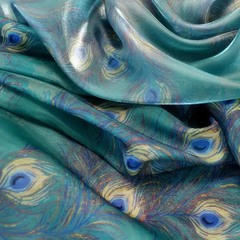 High-End Silk Peacock Feather Print Organza Fabric Water Gloss Yarn for Skirt Stage Clothing Decoration