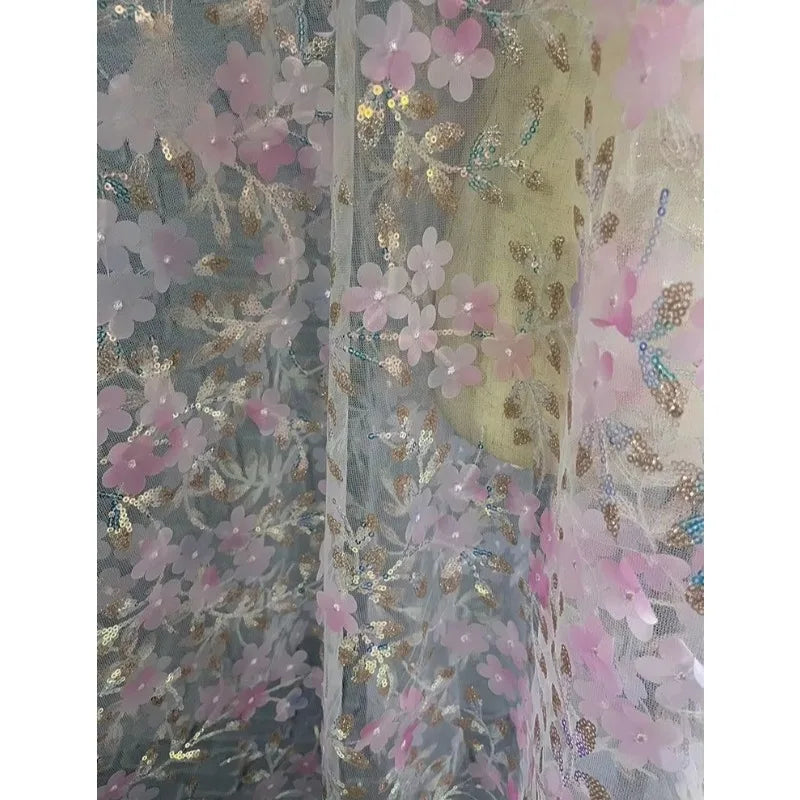 Tela de red bordada con flores 3D rosas y lentejuelas para vestido de novia, cheongsam, ropa hecha a mano, material de bordado de encaje