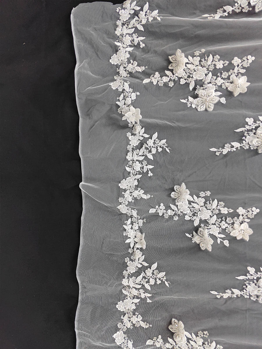 New beaded sequins embroidered lace fabric, large flower branches sewn, high-end wedding dresses, three-dimensional decals