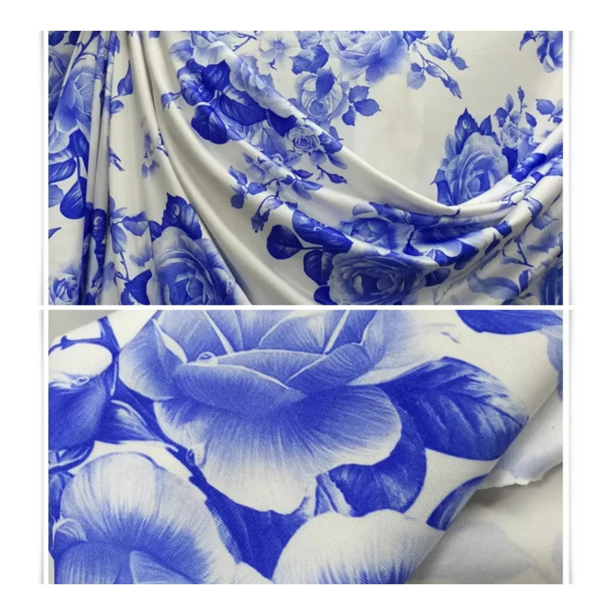 Blue Rose Embroidered Silk Fabric - Porcelain for Evening Gowns & Shawls