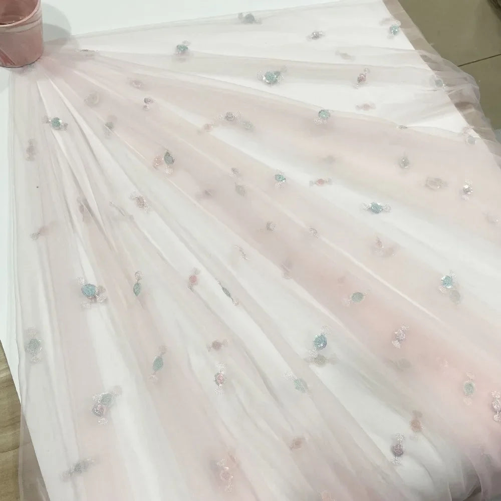 Tela ligera y suave con bordado de cuentas, ropa infantil con dulces frescos y coloridos, accesorios para el cabello, tela de malla de encaje para faldas.