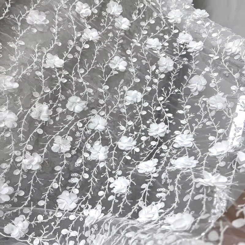 3D Branch Lace Fabric - Velvet Floral Beads Sequins Embroidery Mesh
