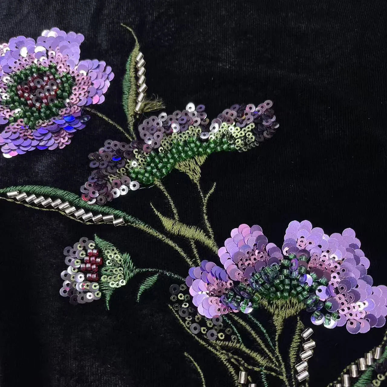 Luxury Beaded Velvet Sequin Floral Velvet Fabric - Black Embroidered Designer Material 130cm