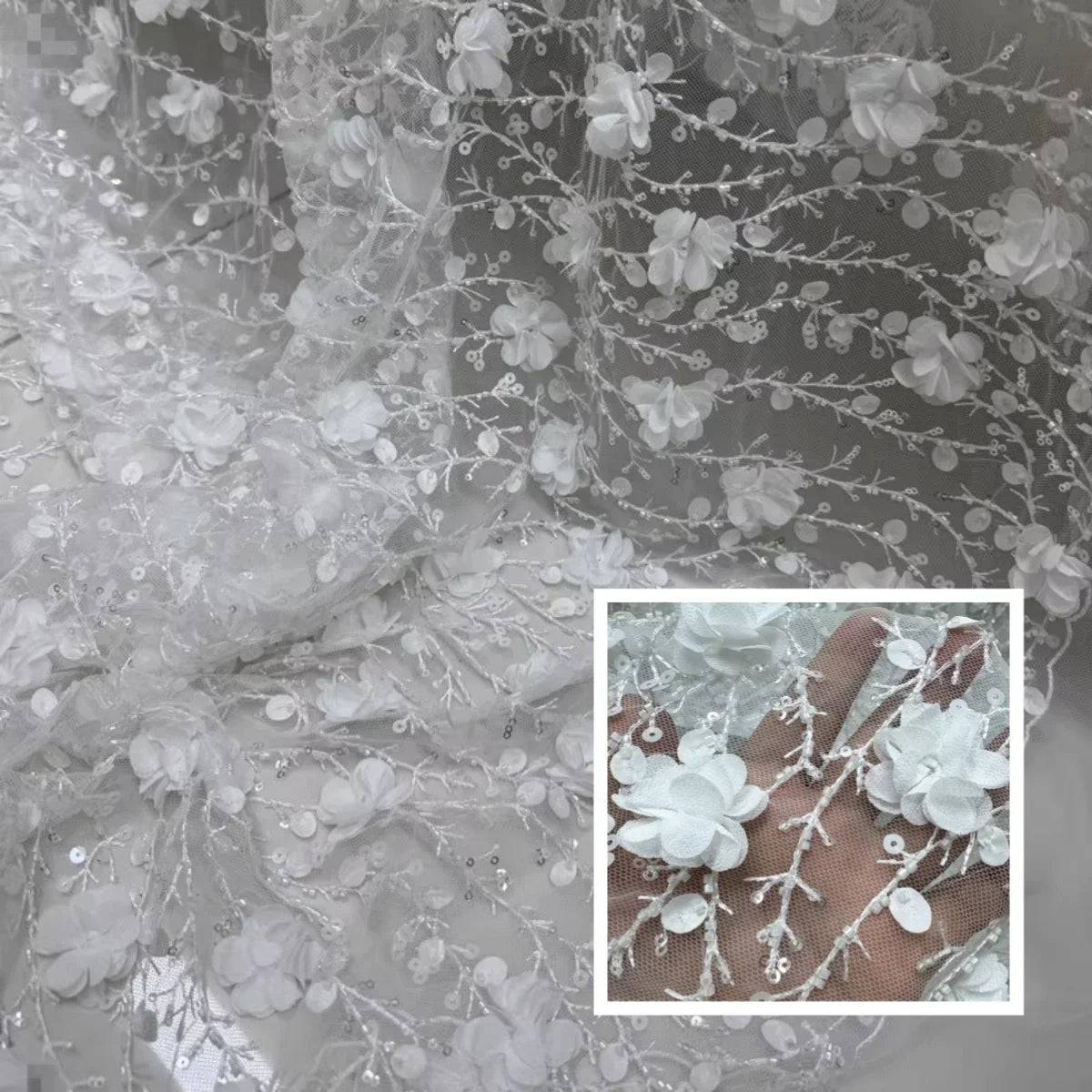 Lace Embroidery Branches 3D Velvet Flowers Lace Nail Beads Sequins Fabric - Wedding Dress Material 127cm