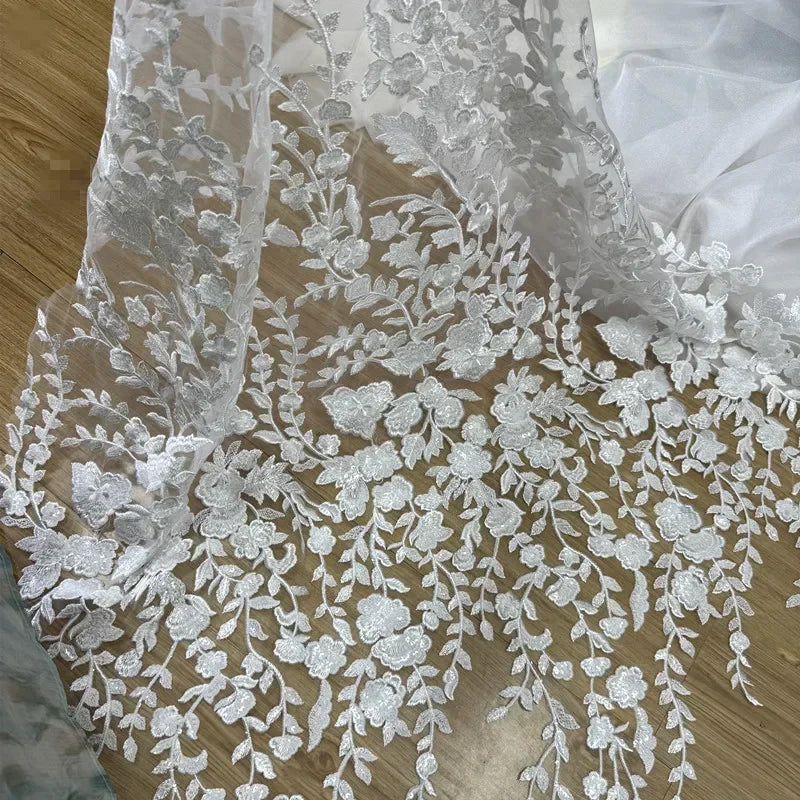 Transparent Mesh Embroidered Floral Sequin Leaf Lace - Wedding Evening Gown Fabric