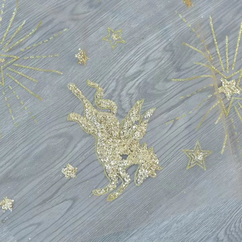 Golden Seahorse Moon Embroidery Mesh Fabric - Hot Fix Powder Material 130cm