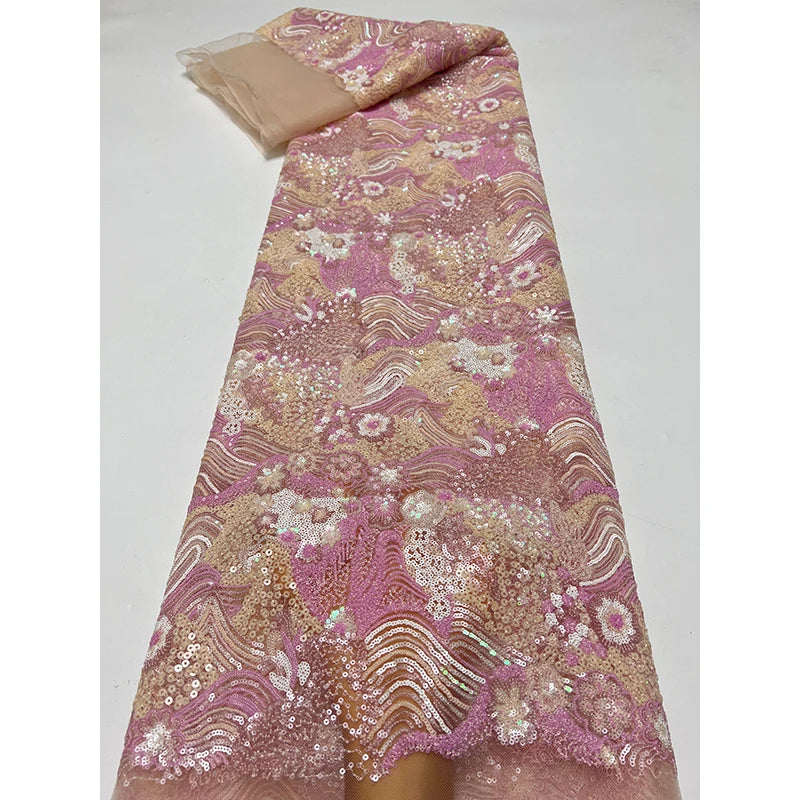 mesh fabric, retro color bead, landscape painting, flower pattern, sequin embroidery fabric, formal dress, qipao dress