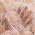 Tela de encaje con corona de rosas naranja y rosa con bordado dorado para vestido de verano de mujer, elegante material floral para costura de moda.