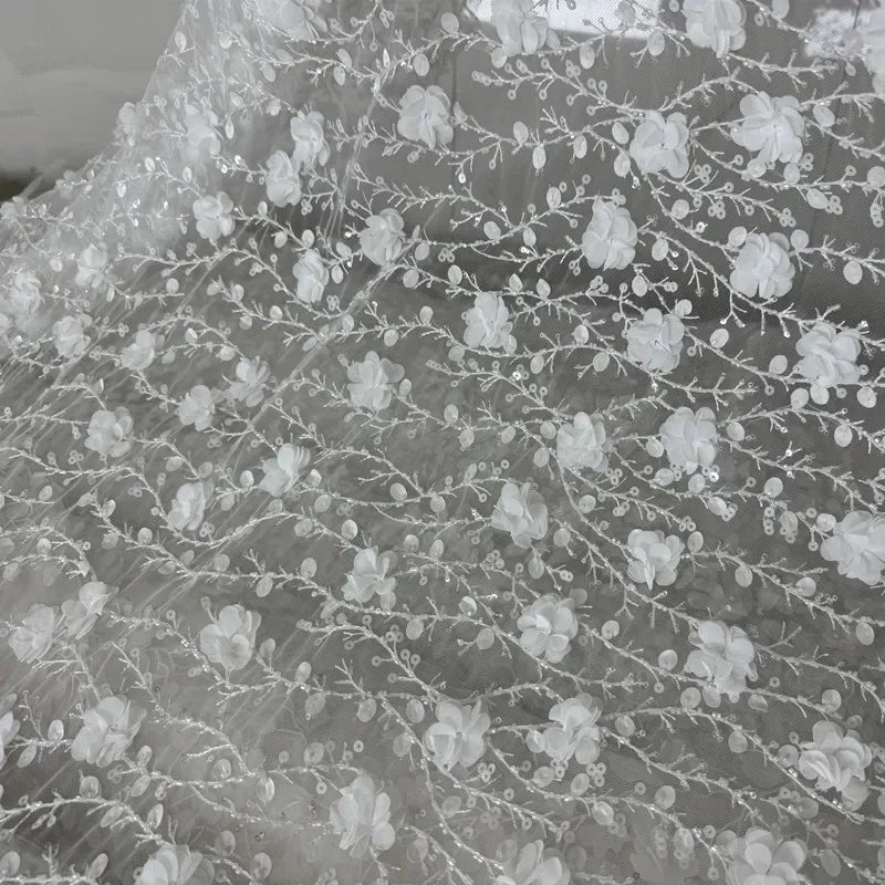 Lace Embroidery Branches 3D Velvet Flowers Lace Nail Beads Sequins Fabric - Wedding Dress Material 127cm