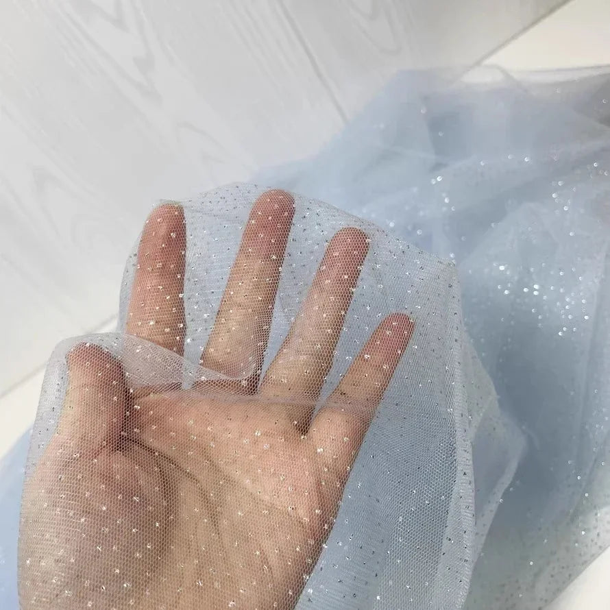 Light Sky Blue Hot Stamping Shiny Piece Skirt Mesh Transparent DIY Background Decoration Sewing Dress Fabric