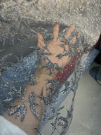 قماش شبكي عالي الكثافة بلون أسود قزحي ساطع أبيض شامبانيا ذهبي فرع شجرة مطبوع عليه ترتر ساخن قماش شبكي لفستان