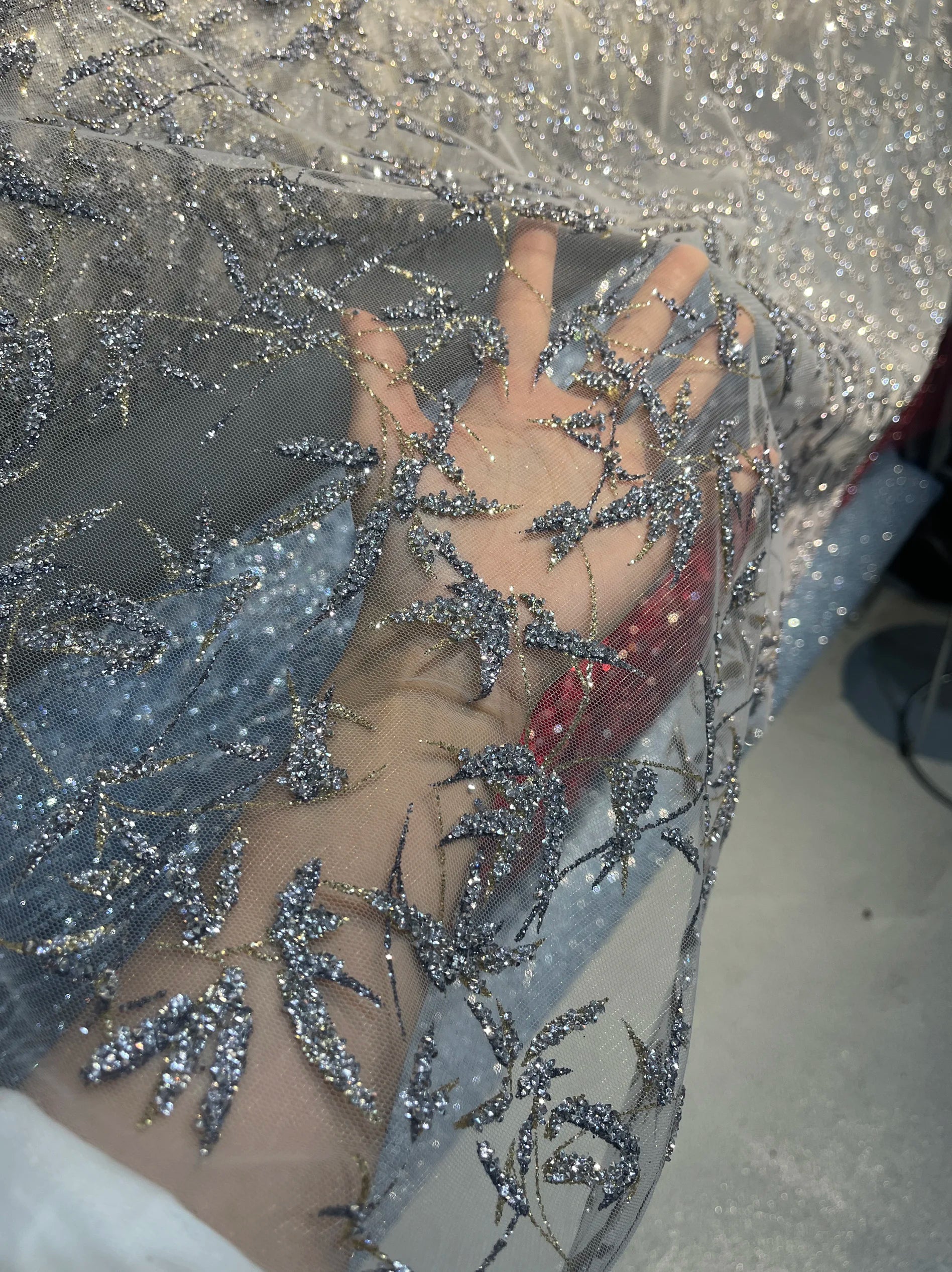 High Density Iridescent Black Bright White Champagne Gold Tree Branch Hot Stamping Sequin Mesh Fabric Mesh Dress Fabric