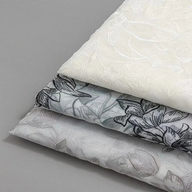 White Lily Embroidered Chiffon Lace Fabric - Elegant Material 130cm