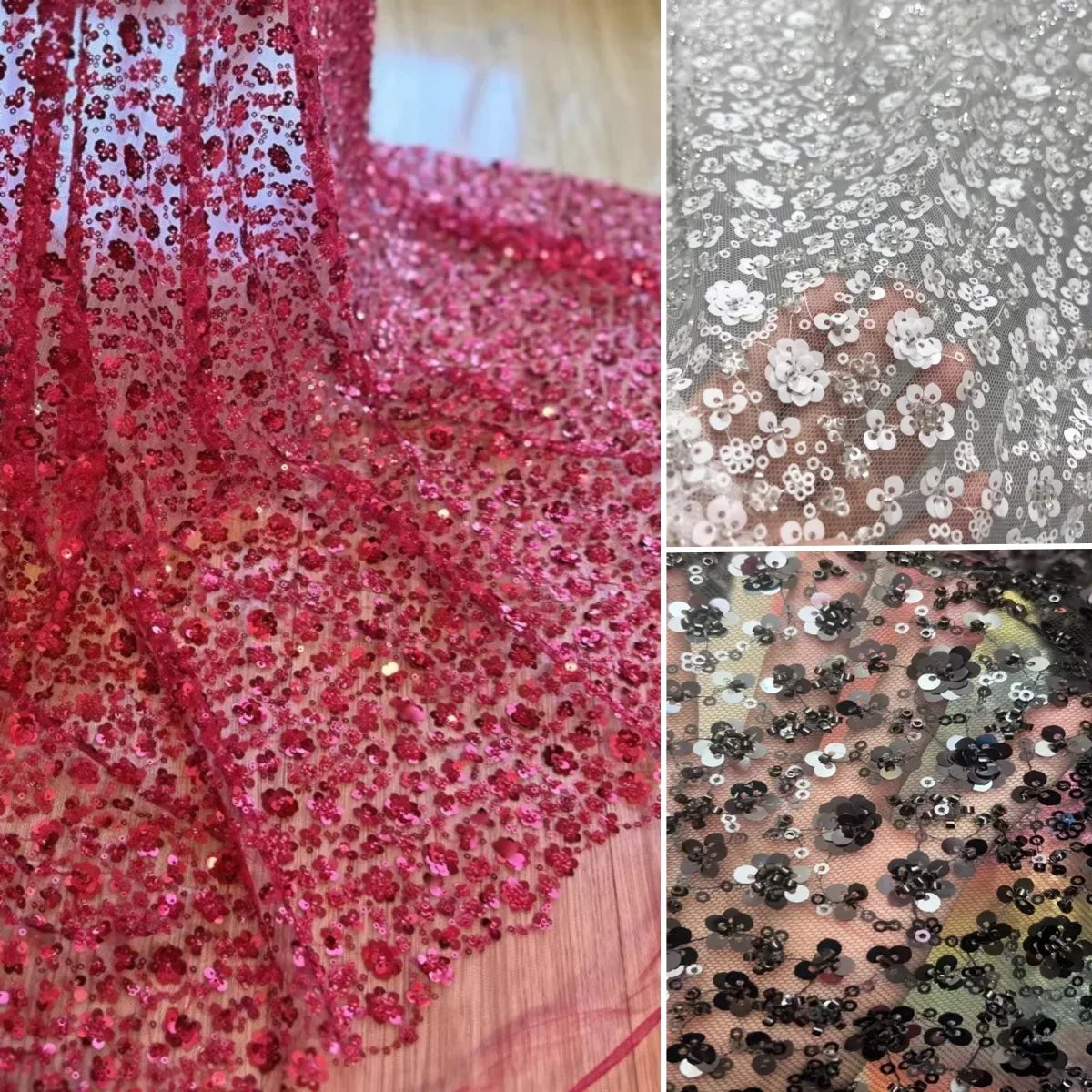 Red White Black Lace Mesh Fabric Bead Nail Bead Sequin Fabric Sewing Evening Gown Wedding Dress Stage Costume