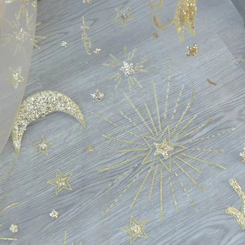 Golden Seahorse Moon Embroidery Mesh Fabric - Hot Fix Powder Material 130cm
