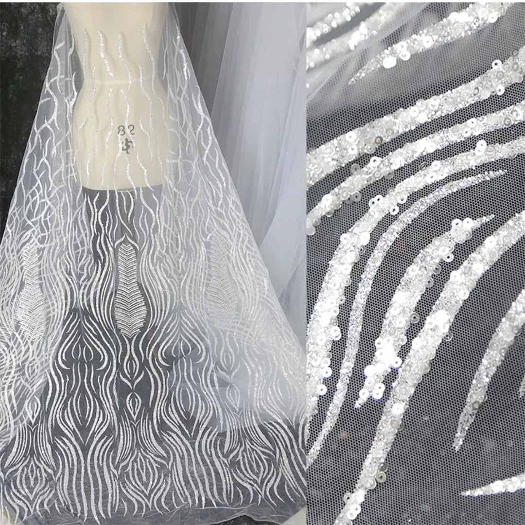 Shining Foil Stamping Spray Wave Glitter Powder Mesh Embroidery Lace Fabric Wedding Dress Handmade Decorative Fabric Material