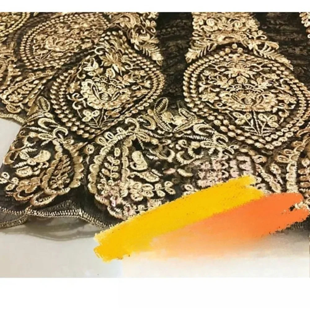 Nuevo producto, tela con hilo dorado, malla de encaje, bordado tridimensional dorado, ropa, vestido, bordado cifrado, falda, tela