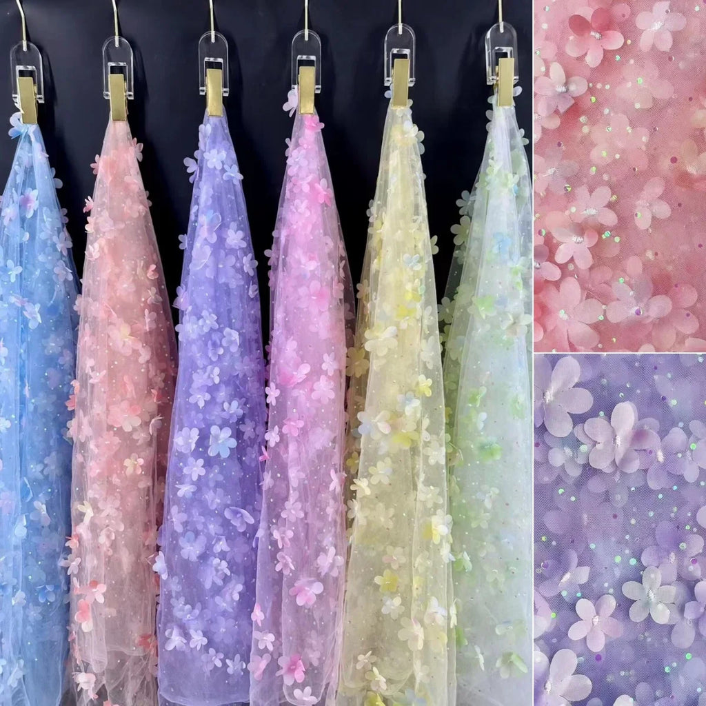 Three-dimensional Embroidery Fabric With Multi-color Gradient Flowers Soft Dress For Children Wedding Dress Formal Wear Fabric