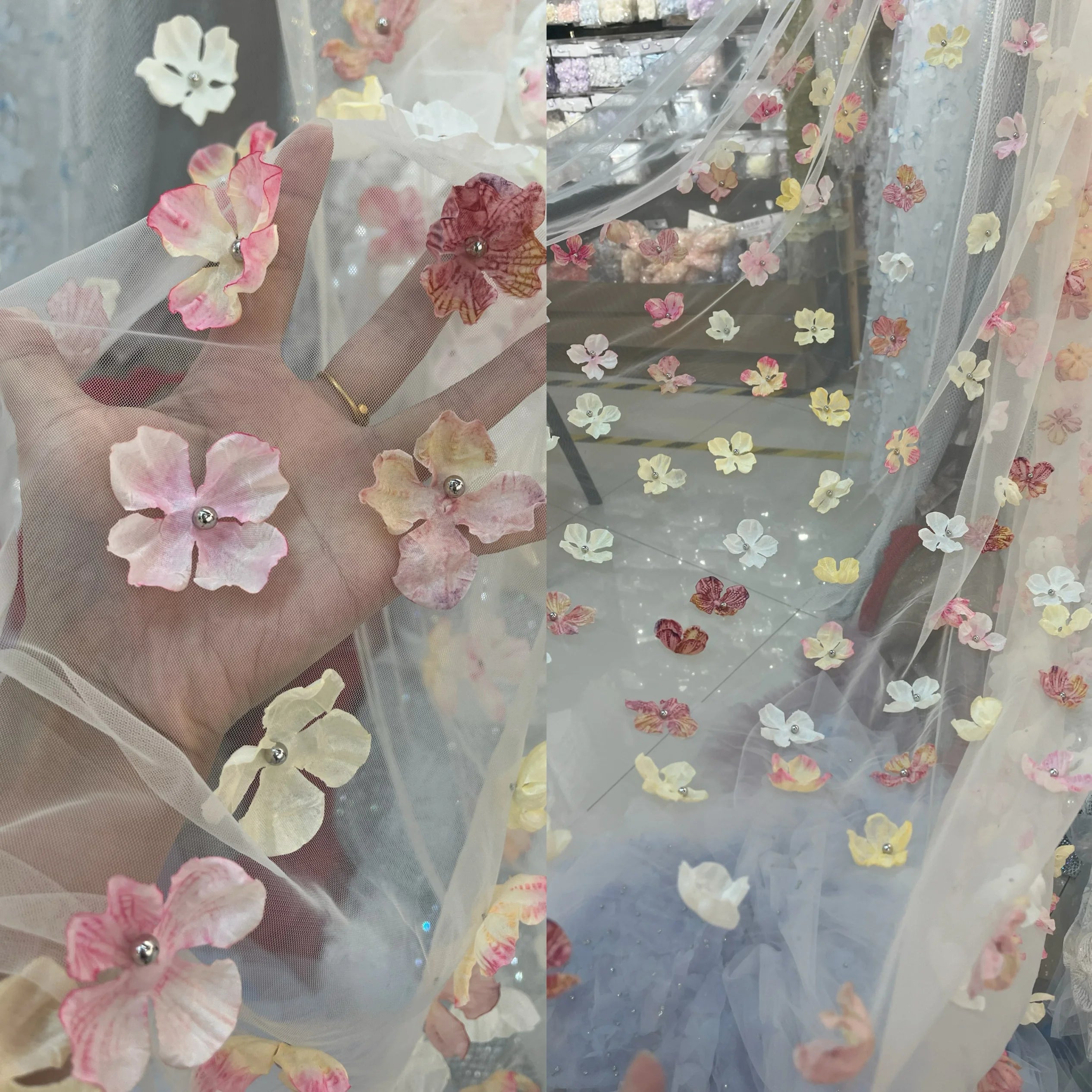 قماش شبكي مطرز ثلاثي الأبعاد بنقوش الفراشات لفساتين الزفاف، قماش زخرفي للخلفية للملابس الرسمية