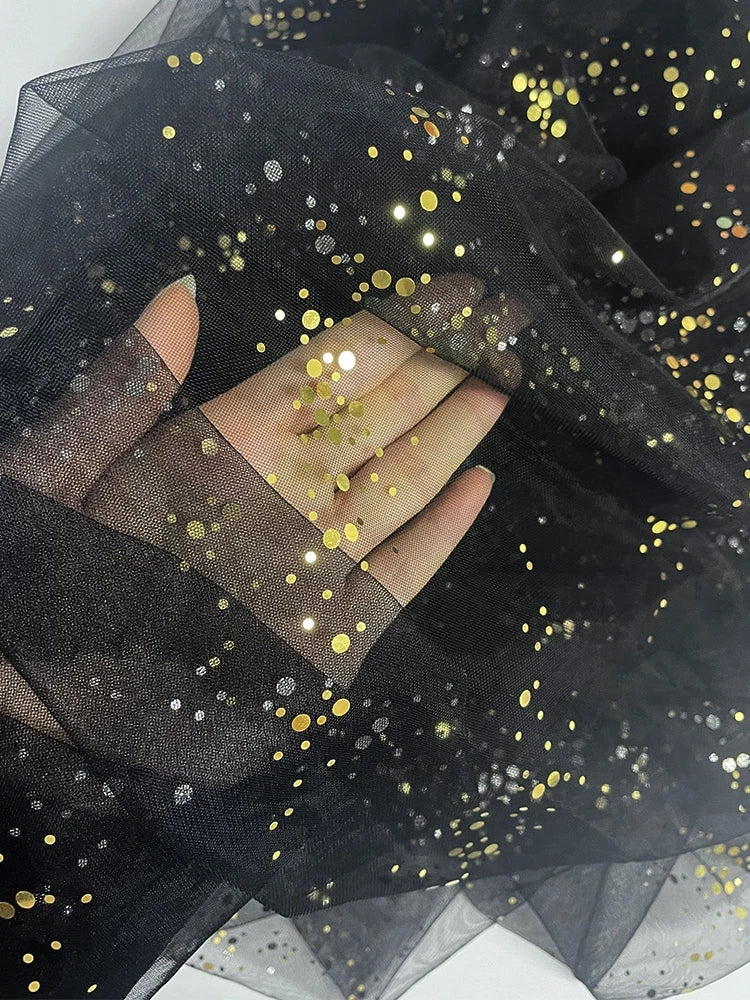 قماش شبكي أسود ذهبي بطول 5 ياردات مع خيوط ترتر لتصميم زي مسرحي وخلفية حفلات أعياد الميلاد بعرض 1.6 متر