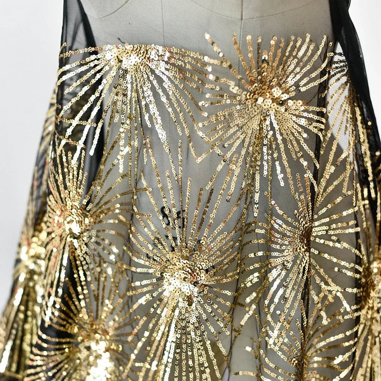 White Embroidered Gold Sequin Lace Fabric - Wedding Material 130cm