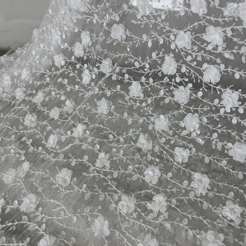 New Lace Fabric 3D Velvet Flowers Embroidered Branches Beaded Sequins Pearls Embroidery Wedding Dress Evening Gown Formal Clothe