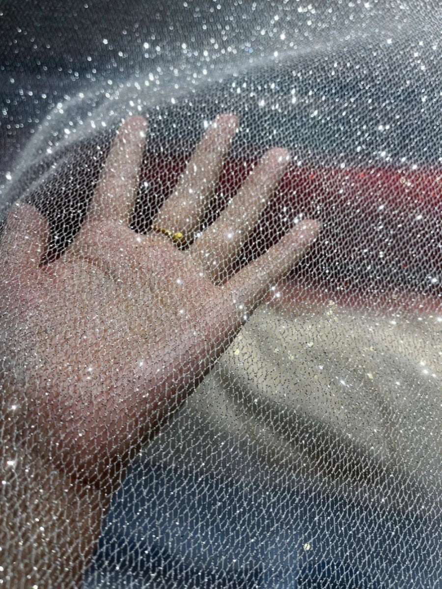 Tela de malla fina con destellos en aerosol plateado brillante para vestido de novia, tela para decoración de fondo DIY