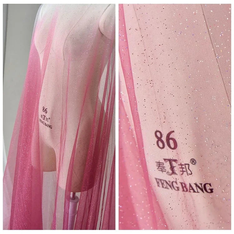 غزل سماء مرصعة بالنجوم متدرج الألوان، ختم ساخن، رش مسحوق، نسيج شبكي لامع ذهبي، غزل شفاف، قماش فستان، قماش