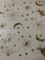 قماش شبكي خيالي مطبوع عليه رسومات ذهبية لامعة وقمر وخياطة فستان زفاف وملابس من صنعك