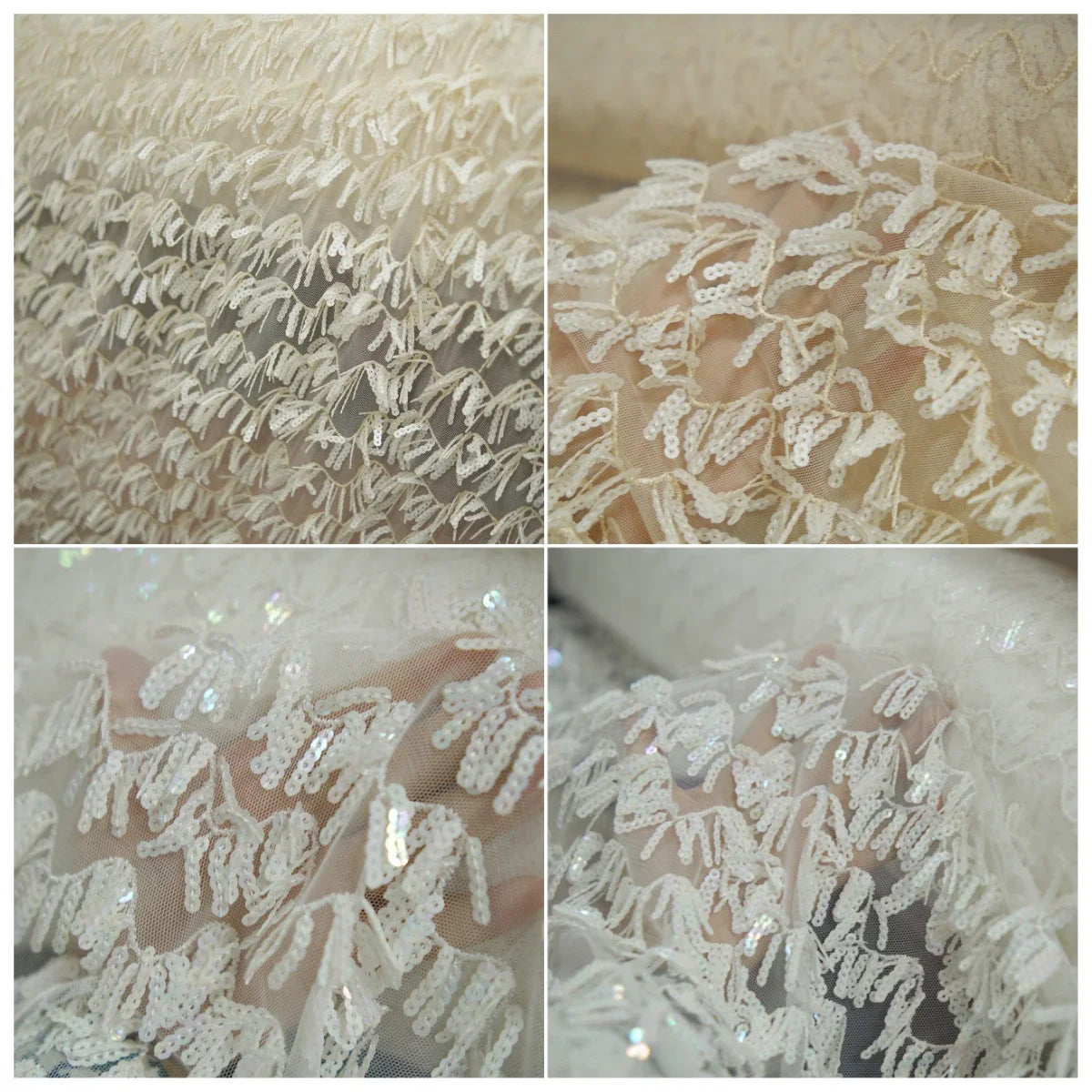 قماش شبكي فاخر مطرز بالترتر على شكل أوراق الكرمة - شبكة دانتيل رومانسية